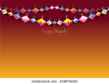 Happy Diwali Celebration Indian bunting in Origami style Graphic design of Indian Diya Oil Lamps in diamond shape, folded paper Flat Design.  Colorful Festival of Lights. Vector isolated on orange