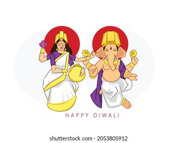 Happy Diwali Celebration With Laxmi Ganesh Icon Design 