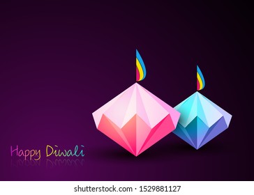 Happy Diwali Celebration in Origami style Graphic design of Indian Diya Oil Lamps in diamond shape, folded paper Flat Design.  Colorful Festival of Lights. Vector isolated on purple background 