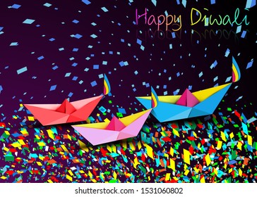 Happy Diwali Celebration in Origami style design of Indian Diya Oil Lamps in boat bath toy shape, surf the colorful stream of confetti in folded paper.  Colorful Festival of Lights, purple background 