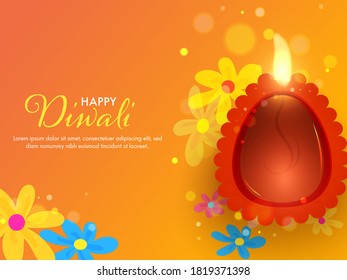 Happy Diwali Celebration Poster Design with Top View of Illuminated Oil Lamp (Diya) and Flowers Decorated on Orange Background.