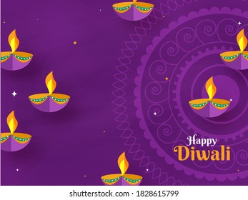 Happy Diwali Celebration Poster Design with Illuminated Oil Lamps on Purple Mandala Pattern Background.
