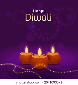 Happy Diwali Celebration Poster Design With Lit Oil Lamps (Diya) And Lighting Garland On Purple Fireworks Background.