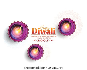 Happy Diwali Celebration With Realistic Lit Oil Lamps (Diya) On Colourful  Background.