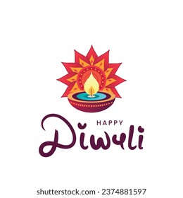 Happy diwali celebration text design with diya deepak vector illustration