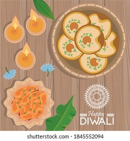 happy diwali celebration with three candles and food vector illustration design
