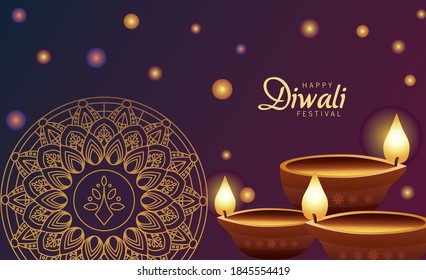 happy diwali celebration with three candles wooden and golden mandala vector illustration design