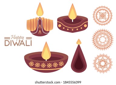 happy diwali celebration with three candles wooden vector illustration design