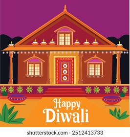 Happy Diwali Celebration - Traditional Indian House Decorated with Diya and Festive Lights - Vibrant Vector Illustration