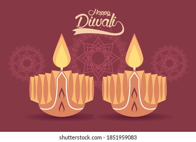 happy diwali celebration with two candles wooden and mandalas vector illustration design