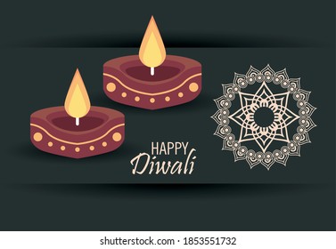 happy diwali celebration with two candles wooden and mandala vector illustration design