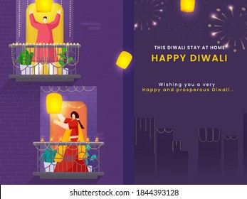 Feliz celebración del Diwali Antecedentes urbanos con un hombre y una mujer caricaturistas sosteniendo faroles en su balcón. Quédate En Casa, Evita Coronavirus.