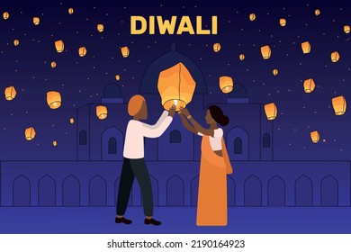 Happy Diwali Celebration Urban Background with Cartoon Man and Woman Holding Sky Lanterns. Illuminated Oil Lamps (Diya) 
A woman wearing traditional dress holding Diwali festival lamps in her hand