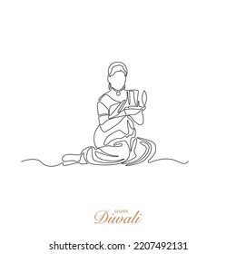 Happy Diwali Celebration Woman With Diya Single Line Drawing Vector