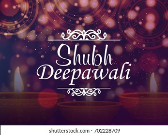 Happy Diwali celebrations background with illuminated oil lit lamps and stylish text Subh Diwali.