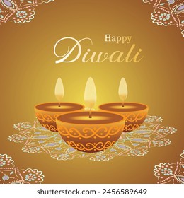 Happy Diwali Clay Diya lamps lit during Diwali, Hindu festival of lights celebration illustration