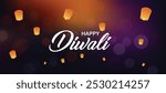 Happy Diwali colorful bokeh effect with Yellow Flying Wish Light Paper Lantern vector poster