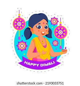 Happy Diwali Concept With Cartoon Girl Holding Lit Oil Lamp (Diya), Mandala Ornament On Blue And White Background.