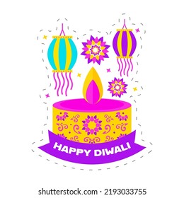 Happy Diwali Concept With Lit Tealight Candle, Hanging Kandeel (Lantern) And Flower Element On White Background.