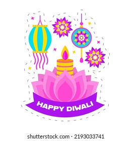 Happy Diwali Concept With Lotus Flower, Lit Candle, Lantern Hang And Mandala Ornament On White Background.