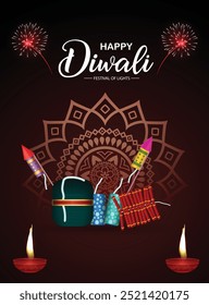 Feliz Diwali Crackers com Diya poster vetor