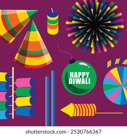 Happy Diwali Crackers Vector Illustration with Fireworks, Sparklers and Festive Celebration Night Sky Design