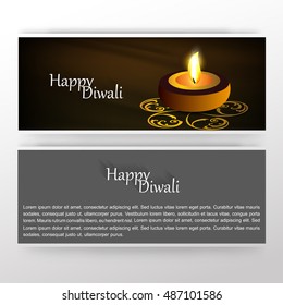 Happy Diwali creative banner template. burning oil lamp diya on Diwali Holiday, ancient Hindu festival of lights, on blurred background.