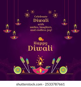 Feliz Diwali. Design Vetorial de Modelo de Saudações Criativas de Mídia Social em Camadas. Deepawali, fundo do Festival Indiano. Postagem de Desejos