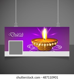 Happy Diwali creative text design. Beautiful Deepawali Glowing Purple colorful hindu diya festival background. festival of Light with beautiful lamp in middle. banner vector illustration