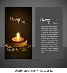 Happy Diwali creative web banner template. burning oil lamp diya on Diwali Holiday, ancient Hindu festival of lights, on blurred background.