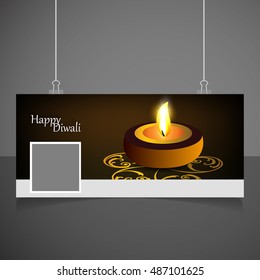 Happy Diwali creative web banner template. burning oil lamp diya on Diwali Holiday, ancient Hindu festival of lights, on blurred background.