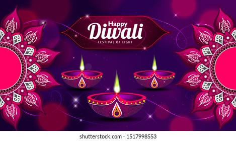 Happy Diwali. Dark purple background with light streaks, bokeh effect and mandala vectors illustration