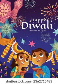 feliz día del diwali. festival de las luces. ilustración de dos niños sosteniendo velas bajo la brillante luz de los fuegos artificiales