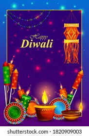 Happy Diwali decorated diya lamp and firecracker on light festival of India greeting background in vector