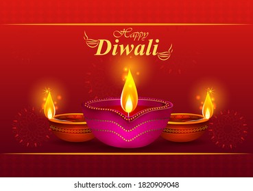 Happy Diwali decorated diya lamp on light festival of India greeting background in vector