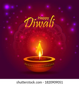 Happy Diwali decorated diya lamp on light festival of India greeting background in vector