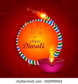 Happy Diwali decorated diya lamp and firecracker on light festival of India greeting background in vector