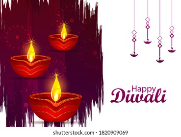 Happy Diwali decorated diya lamp on light festival of India greeting background in vector