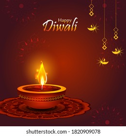 Happy Diwali decorated diya lamp on light festival of India greeting background in vector