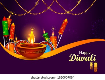 Happy Diwali decorated diya lamp and firecracker on light festival of India greeting background in vector