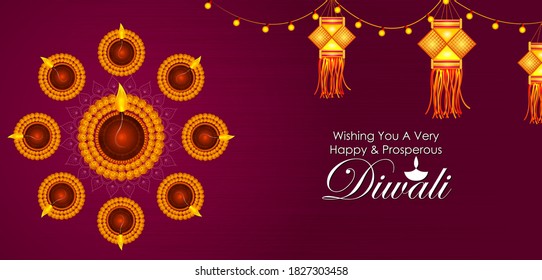 Happy Diwali decorated diya lamp on light festival of India greeting background in vector