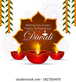 Happy Diwali decorated diya lamp on light festival of India greeting background in vector