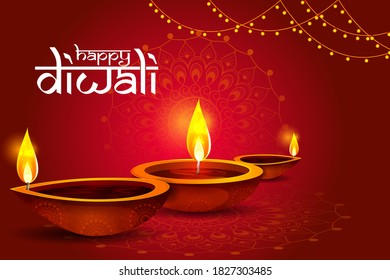 Happy Diwali decorated diya lamp on light festival of India greeting background in vector