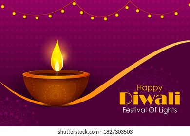 Happy Diwali decorated diya lamp on light festival of India greeting background in vector