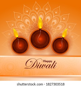 Happy Diwali decorated diya lamp on light festival of India greeting background in vector