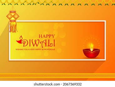 Happy Diwali decorated diya lamp on light festival of India greeting background in vector