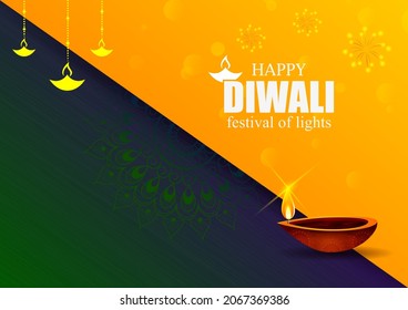 Happy Diwali decorated diya lamp on light festival of India greeting background in vector