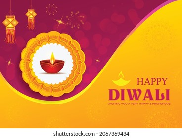 Happy Diwali decorated diya lamp on light festival of India greeting background in vector