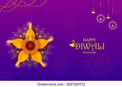 Happy Diwali decorated diya lamp on light festival of India greeting background in vector