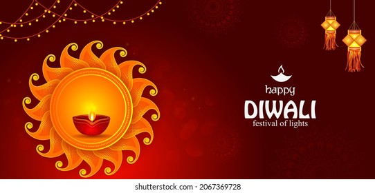 Happy Diwali decorated diya lamp on light festival of India greeting background in vector